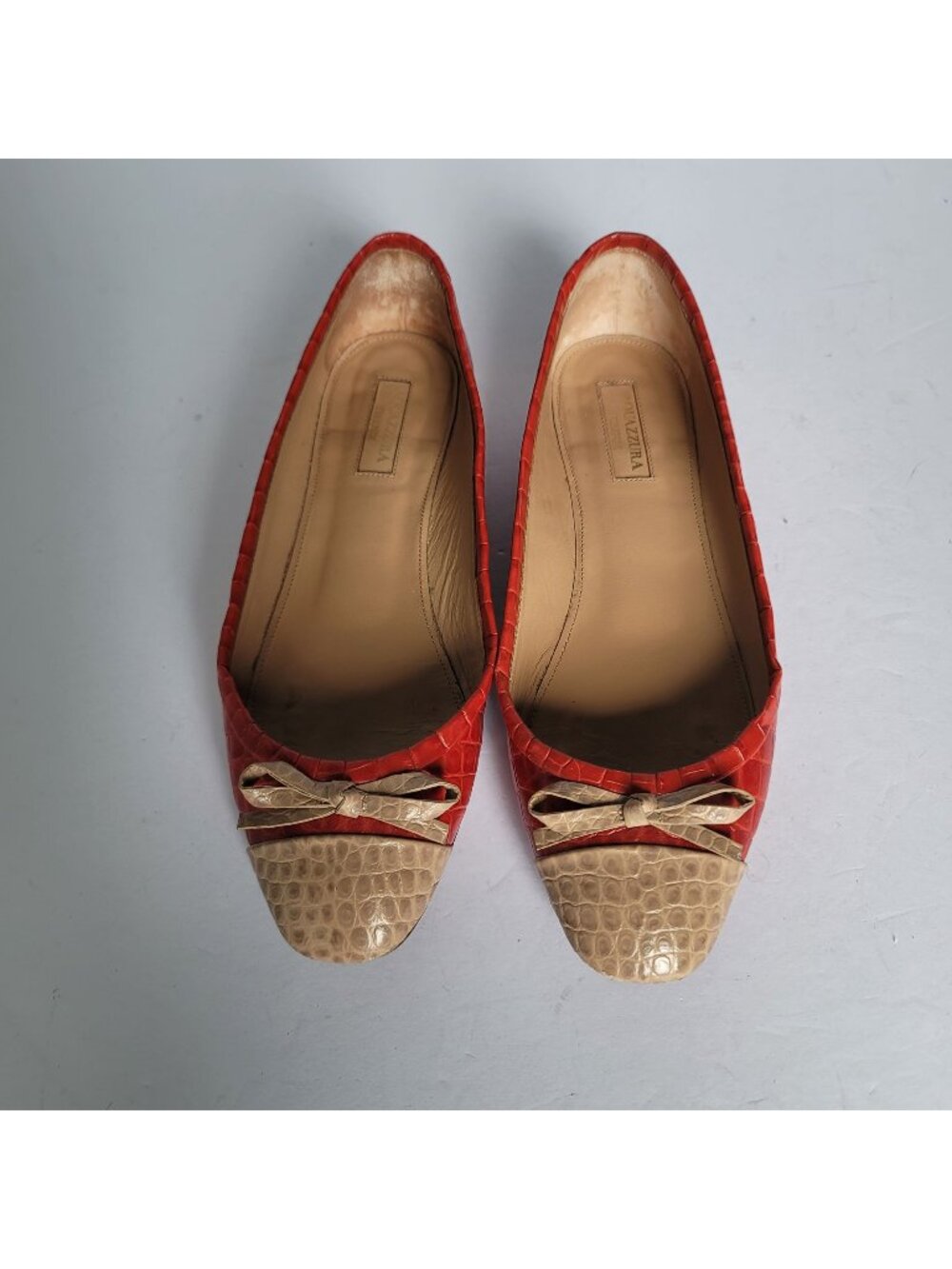 Aquazzura Firenze Red Croc Embossed Leather Cap Toe Bow Ballet Flats Italy. Sz 7
